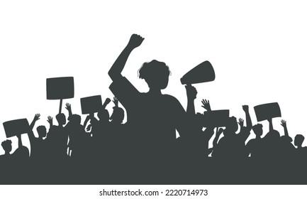 Silhouette of protesting man with loudspeaker and crowd of people with raised hands and banners. Peaceful protest for human rights.Demonstration, rally, strike, revolution.Isolated vector illustration