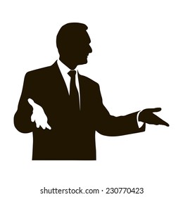 Silhouette protruding speaker with wide beautiful hand gestures. Bolsun. Rhetoric. Oratory, lecturer, business seminar. Vector. Icon.