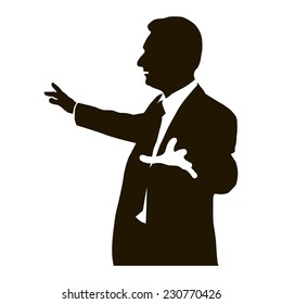 Silhouette protruding speaker with wide beautiful hand gestures. Bolsun. Rhetoric. Oratory, lecturer, business seminar. Vector. Icon.