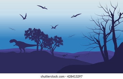 Silhouette of Pterodactyl and Allosaurus with purple backgrounds