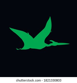 Silhouette of a pterodactyl of green color on a black background, vector illustration