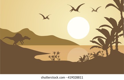 Silhouette of pterodactyl and spinosaurus in the lake