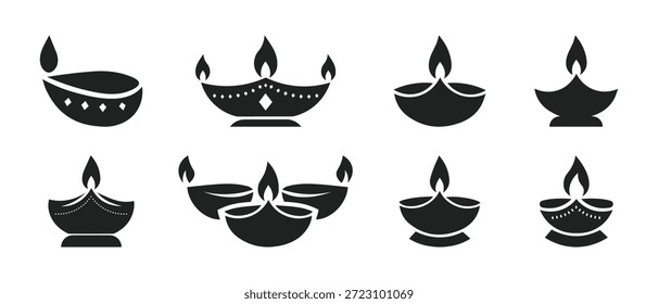 Silueta Puja Vector Pack, Diya de alta calidad, lámpara, festival, ritual hindú, iconos decorativos tradicionales para el diseño, invitación, saludo y celebración