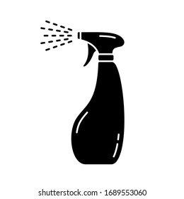 Silhouette Pulverizer bottle. Outline icon of hand-shaped bottle with atomizer and flying drops. Illustration of glass cleaner sprayer for polish, detergent. Flat isolated vector, white background
