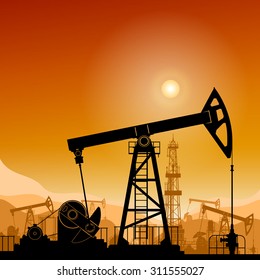 Silhouette  Pump Jack or Oil Pump and Drilling Rig on a Background of Mountains  at Sunset, Petroleum Industry ,  Vector Illustration