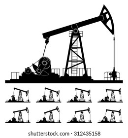 Silhouette Pumpjack or Oil Pump Isolated, Nine Different Positions Working Oil Pumps, Black and White  Vector Illustration
