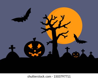 Silhouette of Pumpkin and bats in graveyard on full moon day.