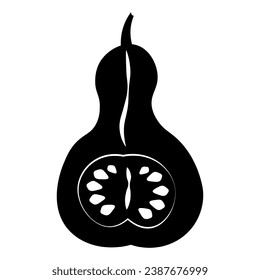 Silhouette of pumpkin cut half, element of Thanksgiving day festive table decoration. Zucchini half contour holiday symbol. Simple black shape vector icon isolated on white background