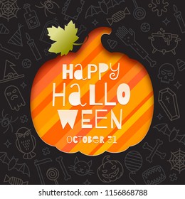 Silhouette of a pumpkin cutout in paper on a background with linear halloween signs and symbols. Vector illustration,