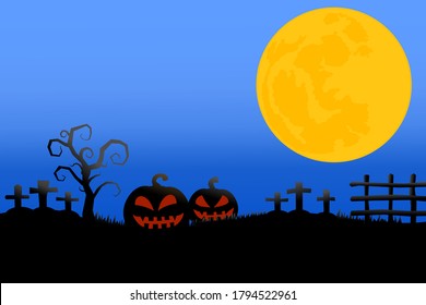 Silhouette of Pumpkin and in graveyard on full moon day.