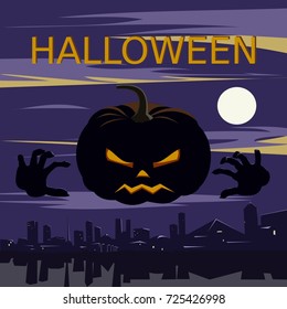 silhouette of a pumpkin over the night city in full moon and the inscription Halloween