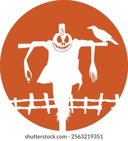 Silhouette Pumpkin Scarecrow In Farm Vector
