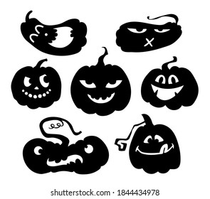 Silhouette of pumpkin set. Funny pumpkins with different faces. Spooky black Halloween pumpkins on white isolated background. Vector stock illustration.