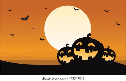 Silhouette of pumpkins and bat Halloween illustration