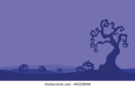 Silhouette of pumpkins and dry tree Halloween illustration