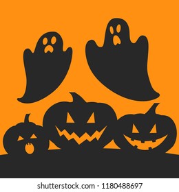 Silhouette of pumpkins and ghosts. Vector halloween illustration.