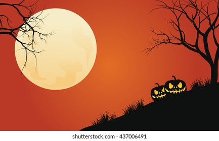 Silhouette of pumpkins in hills halloween backgrounds and full moon