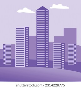 Silhouette purple city building in flat illustration vector, urban cityscape design for background