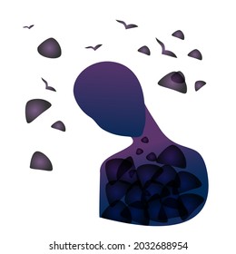 Silhouette of a purple man with a bowed head. In a person and nearby, particles of violet pain scatter.The concept of a victim of narcissistic violence and abuse and  complex PTSD. 