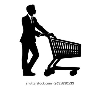 Silhouette pushing trolley, man shopping, icon isolated on white background