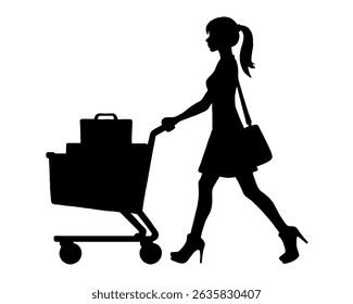 Silhouette pushing a trolley, a woman shopping, icon isolated on white background
