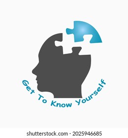 Silhouette of puzzle head of man showing Get To Know Yourself concept vector isolated on a white background.