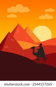 Silhouette of pyramids and a camel rider