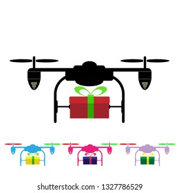 Silhouette of a quadcopter and a gift, a set of multi-colored options