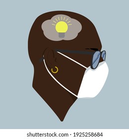 Silhouette. Quarantine. Portrait of a Stylish guy. Black guy in mask. Idea in head. Got an idea. Black man in sunglasses. Flat colored Male illustration. 