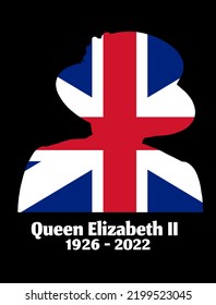 Silhouette of queen Elizabeth wearing a hat with union jack flag svg