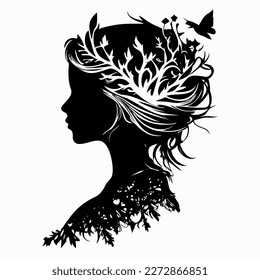 Silhouette of queen face or head side view. Elegant female character with hairdo, royal person black shadow, clipart or sticker. Young woman bride or lady wear tiara or crown black vintage portrait