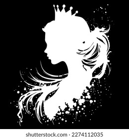 Silhouette of queen face or head side view, young woman bride or lady wear tiara or crown black vintage portrait. Elegant female character with hairdo, royal person black shadow, decal, icon, clipart