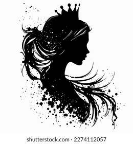 Silhouette of queen face or head side view, young woman bride or lady wear tiara or crown black vintage portrait. Elegant female character with hairdo, royal person black shadow, decal, icon, clipart