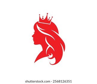 Silhouette of a queen with flowing hair and a crown in bold red on a white background, Queen red Vector illustration