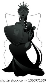 Silhouette of queen with long braids and stars, on a throne, holding a shield and scepter shaped like a tulip, isolated on white background.