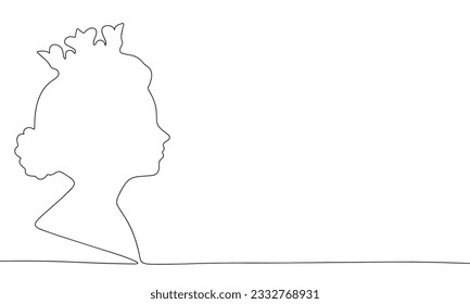Silhouette queen or princess with crown. One line continuous royal banner concept. Line art, outline, minimal vector illustration. svg