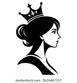 Silueta de una reina en perfil lateral, peinado elegante en un moño, con una corona real, diseño minimalista de Vector blanco y negro, ilustración de estilo de logotipo