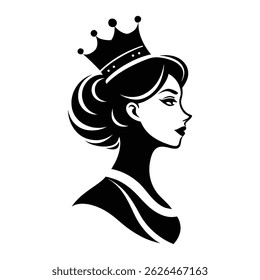 Silhouette of a queen in side profile, elegant hairstyle in a bun, wearing a royal crown, minimalist black and white vector design, logo-style illustration