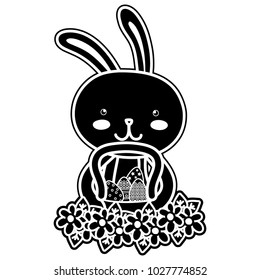 silhouette rabbit animal with eggs easter inside hamper and flowers design