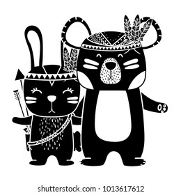 silhouette rabbit and bear animals with feathers design