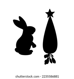 The silhouette of a rabbit and a carrot is black.The symbol of 2023.Elements of New Year's design.Vector illustration.