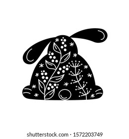 Silhouette of a rabbit decorated with floral ornament. Element for registration of cards, invitations and other things. Hand drawn Vector illustration. Black and white