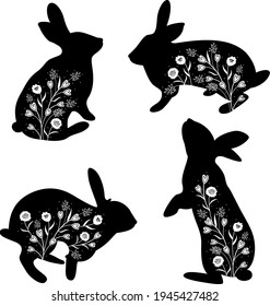 Silhouette rabbit with flower. Happy Easter vector illustration.