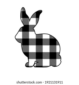 Silhouette of Rabbit gingham,  buffalo plaid black and white isolated on white background .Bunny Vector flat illustration. Easter design element for birthday, party, holiday, print