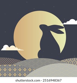 Silhouette rabbit and golden full moon on a starry night sky, amidst wavy lines on a dark background. Design for Chiness Mid-Autumn Festival banner, poster, greeting card packaging or sale promotion