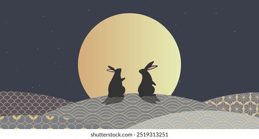 Silhouette  rabbit and a golden full moon on a starry night, surrounded by wavy lines on a dark background. Design for Chiness Mid-Autumn Festival banner, poster, greeting card or sale promotion