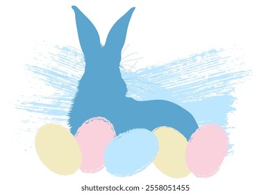 Silhouette of rabbit and grunge eggs on background of brush stroke, Easter. Vector illustration