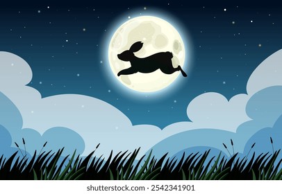 Silhouette of a rabbit jumping under the moon