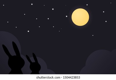Silhouette rabbit looking full moon night sky background vector illustration
