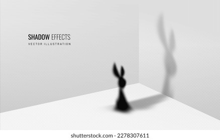 Conejo de silueta sobre un fondo transparente. Sombra del conejo de Pascua, elemento gráfico para el diseño. Sombra de roedor realista - ilustración vectorial